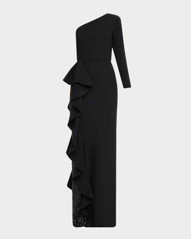 One-Shoulder Sequin Skirt Ruffle Gown